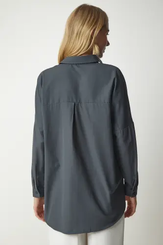 Kadın Füme Oversize Uzun Basic Gömlek DD00842 - Füme - 6