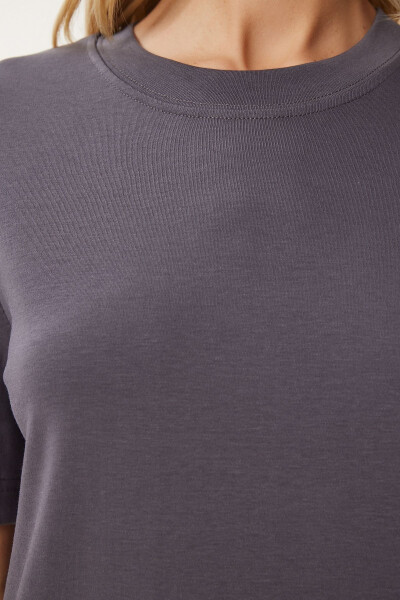 Kadın Füme Pamuklu Basic Örme T-Shirt AG00001-Füme - 5