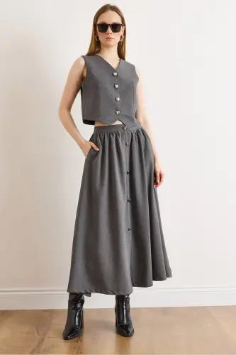 Kadın Füme Üst Astarlı Yelek Alt Düğmeli Kloş Etek Takım TKM-19000376-Füme - 1