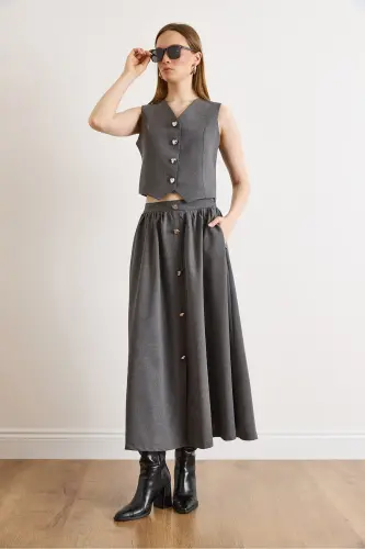 Kadın Füme Üst Astarlı Yelek Alt Düğmeli Kloş Etek Takım TKM-19000376-Füme - OLALOOK (1)