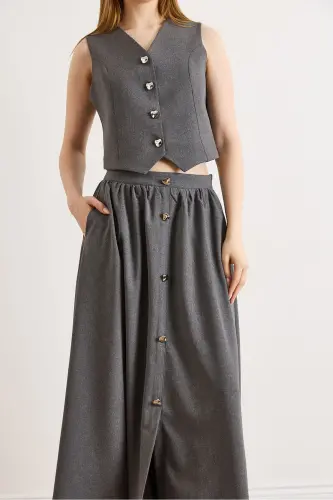 Kadın Füme Üst Astarlı Yelek Alt Düğmeli Kloş Etek Takım TKM-19000376-Füme - 5