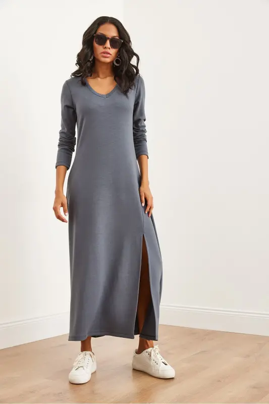 Kadın Füme V Yaka Truvakar Kol Yırtmaçlı Modal Tüşeli Maxi Elbise ELB-19002286-Füme - 2