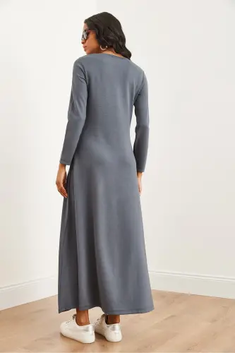 Kadın Füme V Yaka Truvakar Kol Yırtmaçlı Modal Tüşeli Maxi Elbise ELB-19002286-Füme - 8