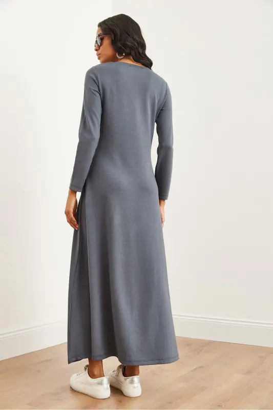 Kadın Füme V Yaka Truvakar Kol Yırtmaçlı Modal Tüşeli Maxi Elbise ELB-19002286-Füme - 8