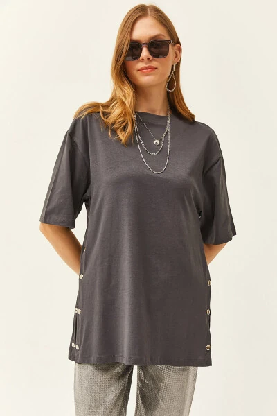 Kadın Füme Yanları Düğmeli Pamuk Tişört TSH-19000762-Füme - Modazone