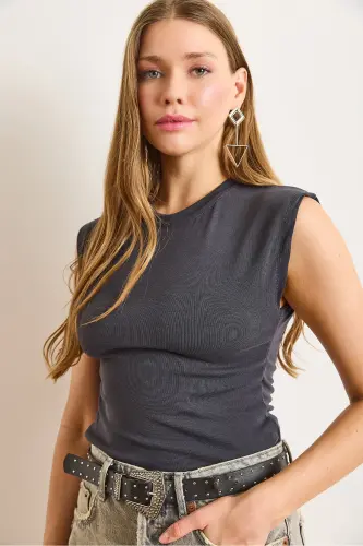 Kadın Füme Yarasa Yumuşak Dokulu Esnek Bluz BLZ-19002877-Füme 