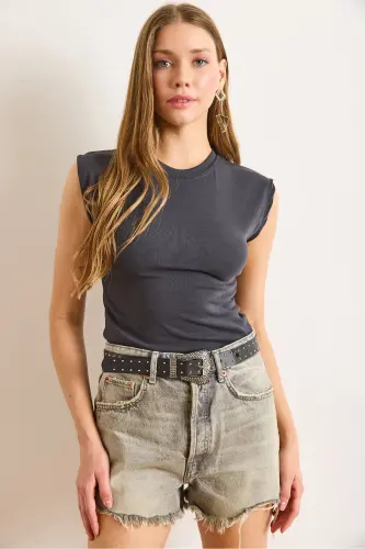 Kadın Füme Yarasa Yumuşak Dokulu Esnek Bluz BLZ-19002877-Füme - 3