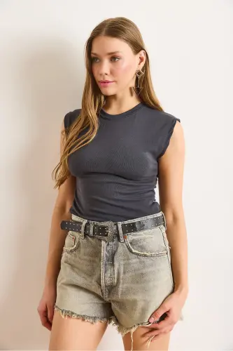 Kadın Füme Yarasa Yumuşak Dokulu Esnek Bluz BLZ-19002877-Füme - 4