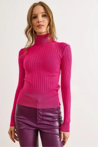 Kadın Fuşya Balıkçı Yaka Kalın Fitili Triko Kazak KZK-19000872-Fuşya - 4