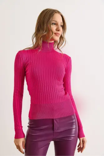 Kadın Fuşya Balıkçı Yaka Kalın Fitili Triko Kazak KZK-19000872-Fuşya - 5