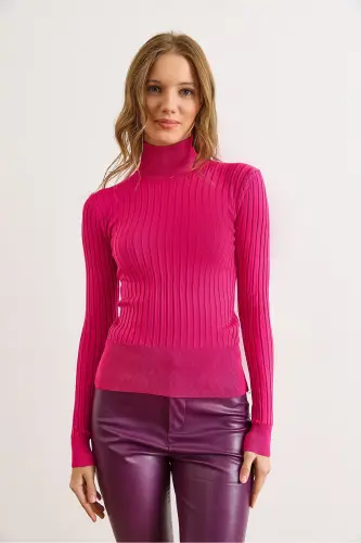 Kadın Fuşya Balıkçı Yaka Kalın Fitili Triko Kazak KZK-19000872-Fuşya - 6