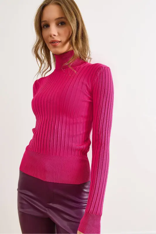Kadın Fuşya Balıkçı Yaka Kalın Fitili Triko Kazak KZK-19000872-Fuşya - 1