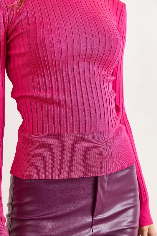 Kadın Fuşya Balıkçı Yaka Kalın Fitili Triko Kazak KZK-19000872-Fuşya - 3