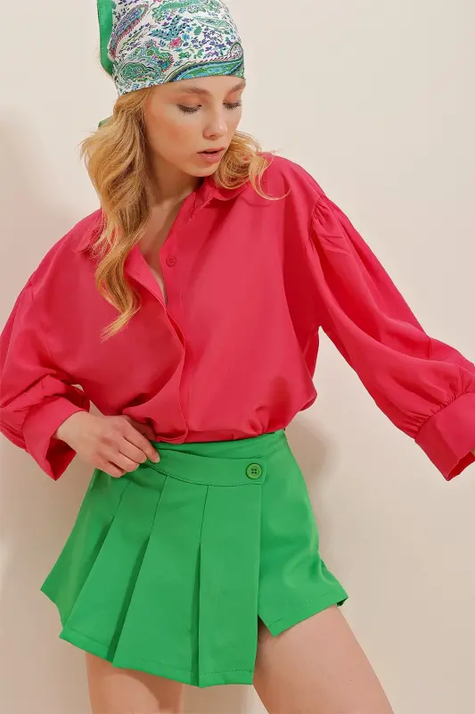 Kadın Fuşya Balon Kol Gizli Patlı Basic Poplin Gömlek ALC-X9654 - Fuşya - 5