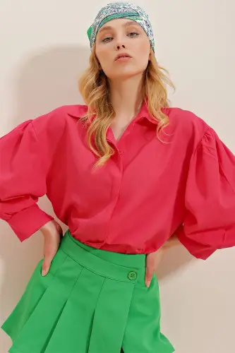 Kadın Fuşya Balon Kol Gizli Patlı Basic Poplin Gömlek ALC-X9654 - Fuşya - 6