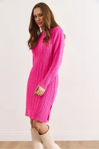 Kadın Fuşya Beli Bantlı Yırtmaçlı Saç Örgü Mini Elbise ELB-19002289-Fuşya - 6