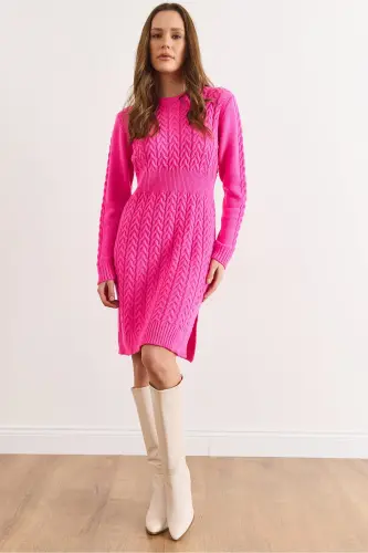 Kadın Fuşya Beli Bantlı Yırtmaçlı Saç Örgü Mini Elbise ELB-19002289-Fuşya 