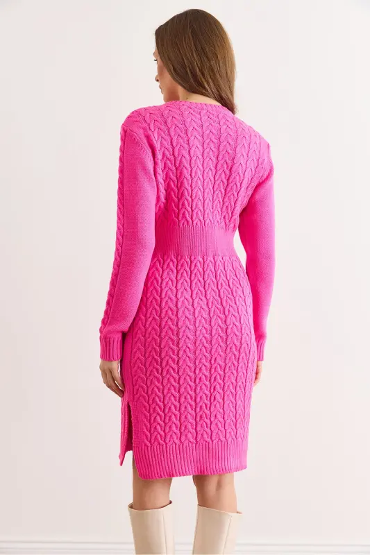 Kadın Fuşya Beli Bantlı Yırtmaçlı Saç Örgü Mini Elbise ELB-19002289-Fuşya - 4