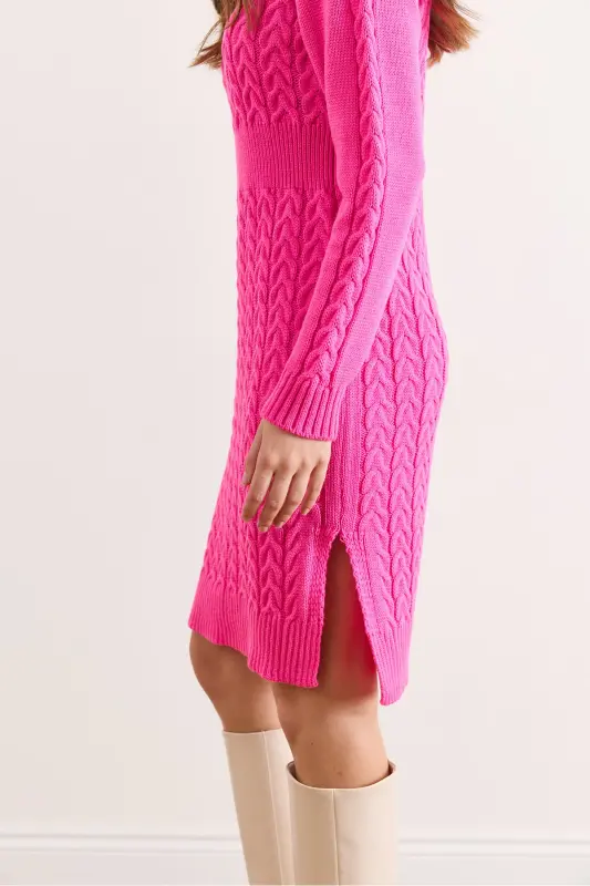 Kadın Fuşya Beli Bantlı Yırtmaçlı Saç Örgü Mini Elbise ELB-19002289-Fuşya - 5