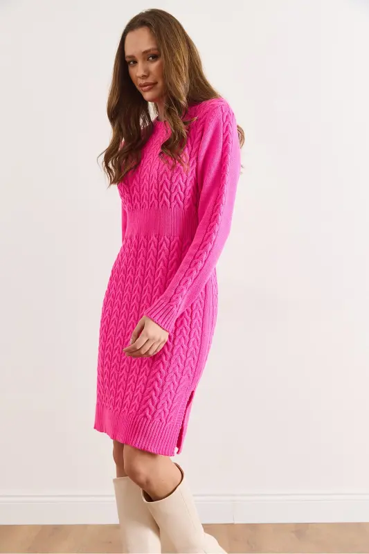 Kadın Fuşya Beli Bantlı Yırtmaçlı Saç Örgü Mini Elbise ELB-19002289-Fuşya - 6