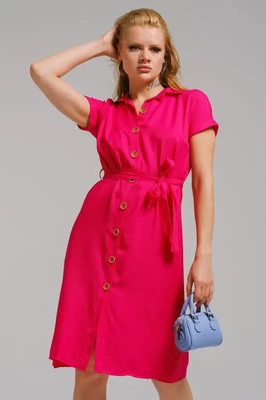 Kadın Fuşya Beli Kemerli Kısa Kol Gömlek Elbise ARM-19Y001068-Fuşya - 1