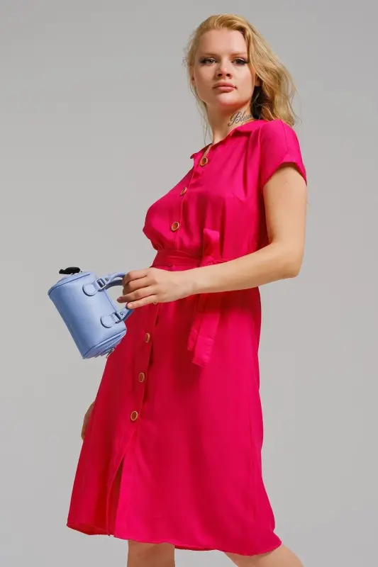 Kadın Fuşya Beli Kemerli Kısa Kol Gömlek Elbise ARM-19Y001068-Fuşya - 3