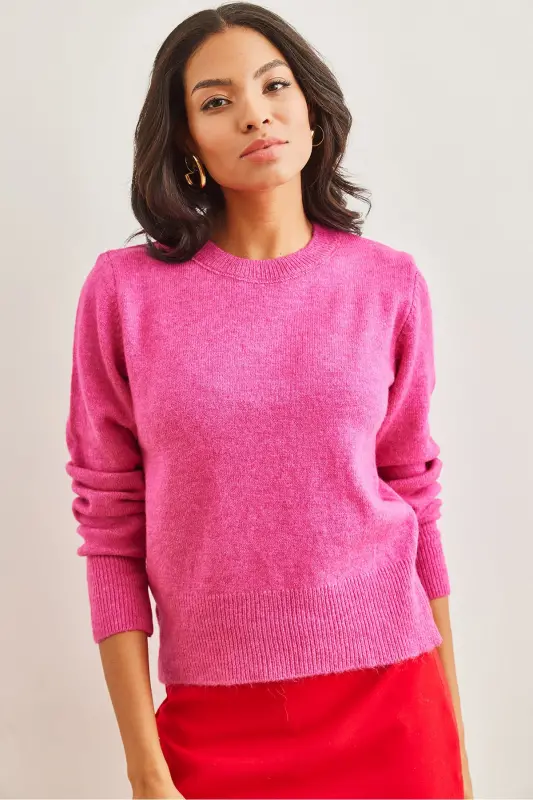 Kadın Fuşya Bisiklet Yaka Yumuşak Dokulu Basic Triko Kazak KZK-19000845-Fuşya - 3