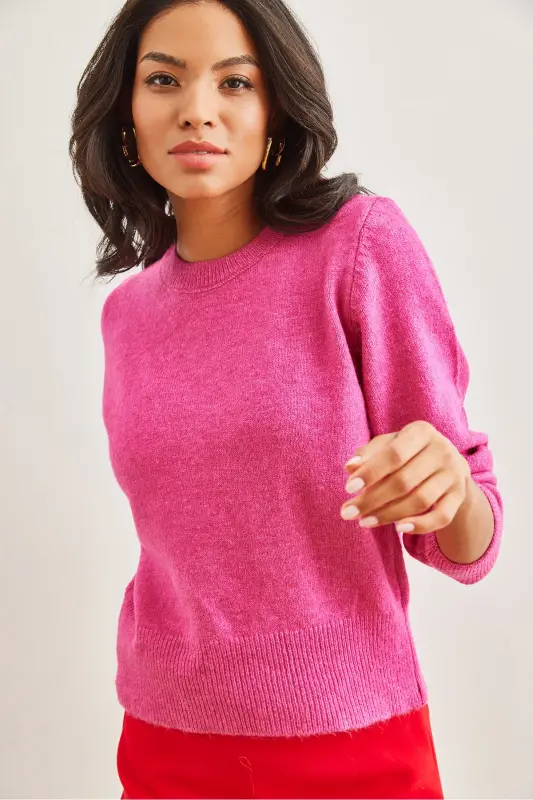 Kadın Fuşya Bisiklet Yaka Yumuşak Dokulu Basic Triko Kazak KZK-19000845-Fuşya - 4