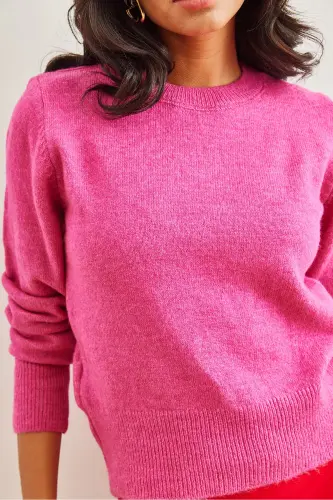 Kadın Fuşya Bisiklet Yaka Yumuşak Dokulu Basic Triko Kazak KZK-19000845-Fuşya - 5