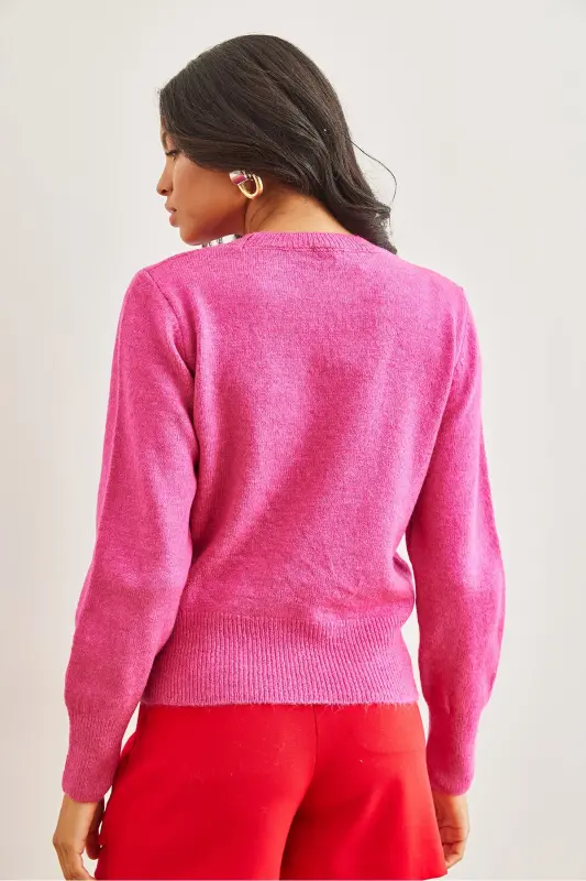 Kadın Fuşya Bisiklet Yaka Yumuşak Dokulu Basic Triko Kazak KZK-19000845-Fuşya - 6