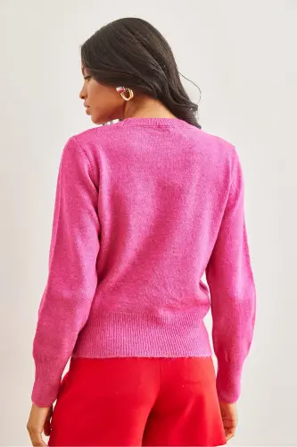 Kadın Fuşya Bisiklet Yaka Yumuşak Dokulu Basic Triko Kazak KZK-19000845-Fuşya - 6