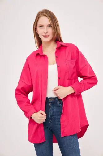 Kadın Fuşya Cepli Oversize İnce Fitilli Kadife Gömlek ARM-24K001076-Fuşya - 1