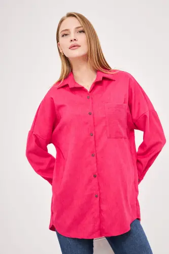 Kadın Fuşya Cepli Oversize İnce Fitilli Kadife Gömlek ARM-24K001076-Fuşya - 3