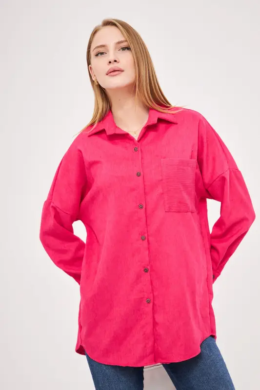 Kadın Fuşya Cepli Oversize İnce Fitilli Kadife Gömlek ARM-24K001076-Fuşya - 3