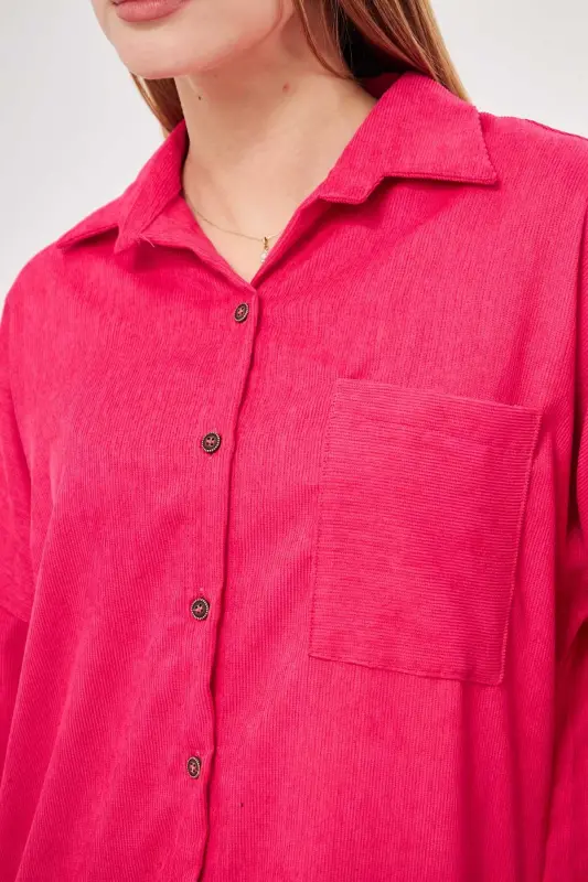 Kadın Fuşya Cepli Oversize İnce Fitilli Kadife Gömlek ARM-24K001076-Fuşya - 4