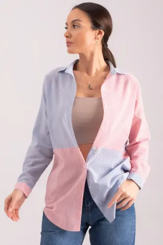 Kadın Fuşya Çizgili İki Renkli Uzun Kol Salaş Gömlek ARM-21K001193-Fuşya 