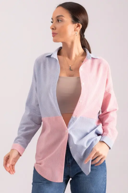 Kadın Fuşya Çizgili İki Renkli Uzun Kol Salaş Gömlek ARM-21K001193-Fuşya - ARMONIKA