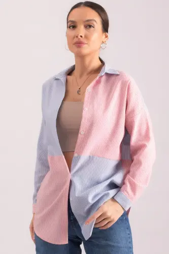 Kadın Fuşya Çizgili İki Renkli Uzun Kol Salaş Gömlek ARM-21K001193-Fuşya - 2