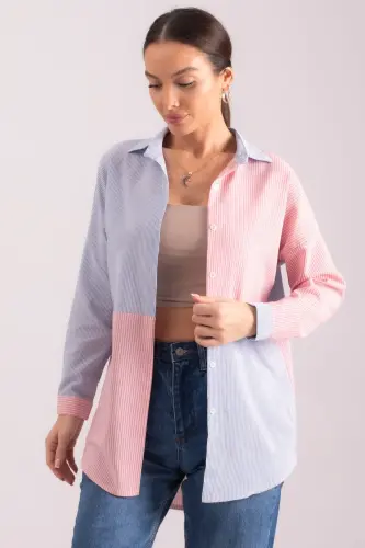 Kadın Fuşya Çizgili İki Renkli Uzun Kol Salaş Gömlek ARM-21K001193-Fuşya - 3