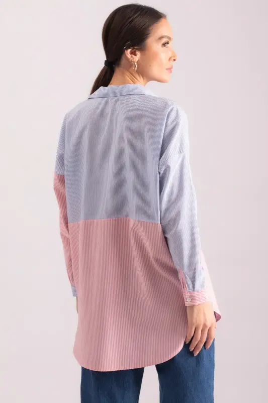 Kadın Fuşya Çizgili İki Renkli Uzun Kol Salaş Gömlek ARM-21K001193-Fuşya - 4
