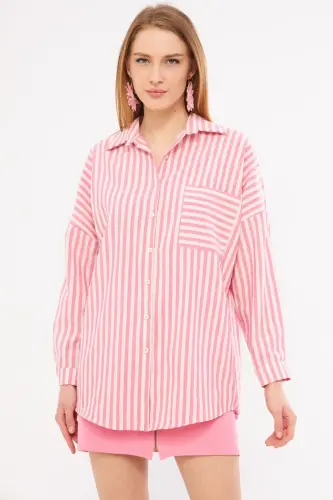 Kadın Fuşya Çizgili Uzun Kol Cep Detaylı Pileli Oversize Gömlek ARM-24Y001057-Fuşya - 3