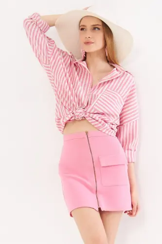 Kadın Fuşya Çizgili Uzun Kol Cep Detaylı Pileli Oversize Gömlek ARM-24Y001057-Fuşya - 4