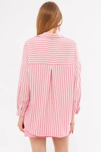 Kadın Fuşya Çizgili Uzun Kol Cep Detaylı Pileli Oversize Gömlek ARM-24Y001057-Fuşya - 5