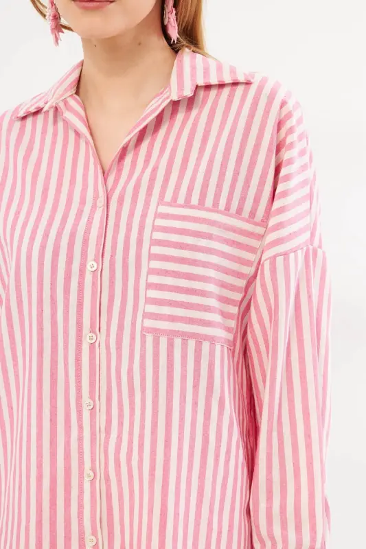 Kadın Fuşya Çizgili Uzun Kol Cep Detaylı Pileli Oversize Gömlek ARM-24Y001057-Fuşya - 2