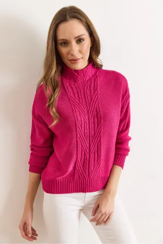 Kadın Fuşya Dik Yaka Ortası Saç Örgülü Triko Kazak KZK-19000912-Fuşya - 5