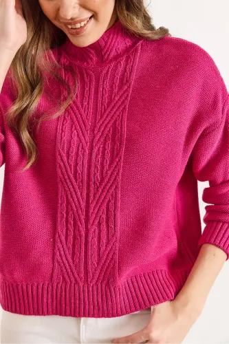 Kadın Fuşya Dik Yaka Ortası Saç Örgülü Triko Kazak KZK-19000912-Fuşya - 6