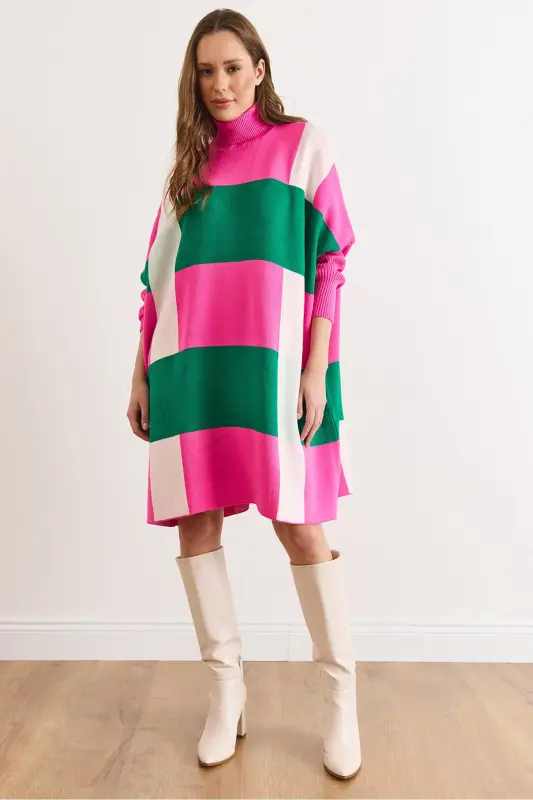 Kadın Fuşya Ekose Kalın Panço Tunik Elbise ELB-19002323-Fuşya - OLALOOK