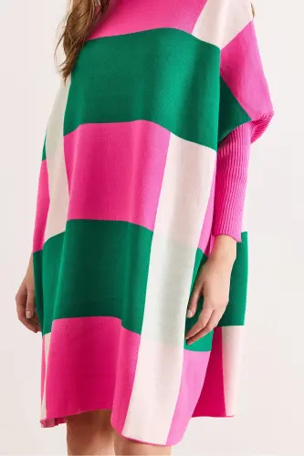 Kadın Fuşya Ekose Kalın Panço Tunik Elbise ELB-19002323-Fuşya - 4