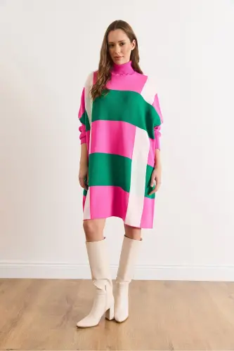 Kadın Fuşya Ekose Kalın Panço Tunik Elbise ELB-19002323-Fuşya - OLALOOK (1)