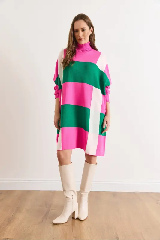 Kadın Fuşya Ekose Kalın Panço Tunik Elbise ELB-19002323-Fuşya - 2